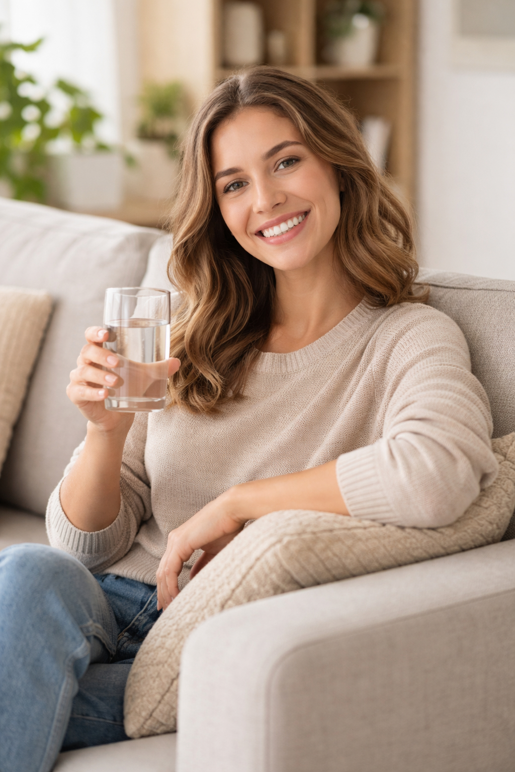 Woman enjoying softer, cleaner water at home
